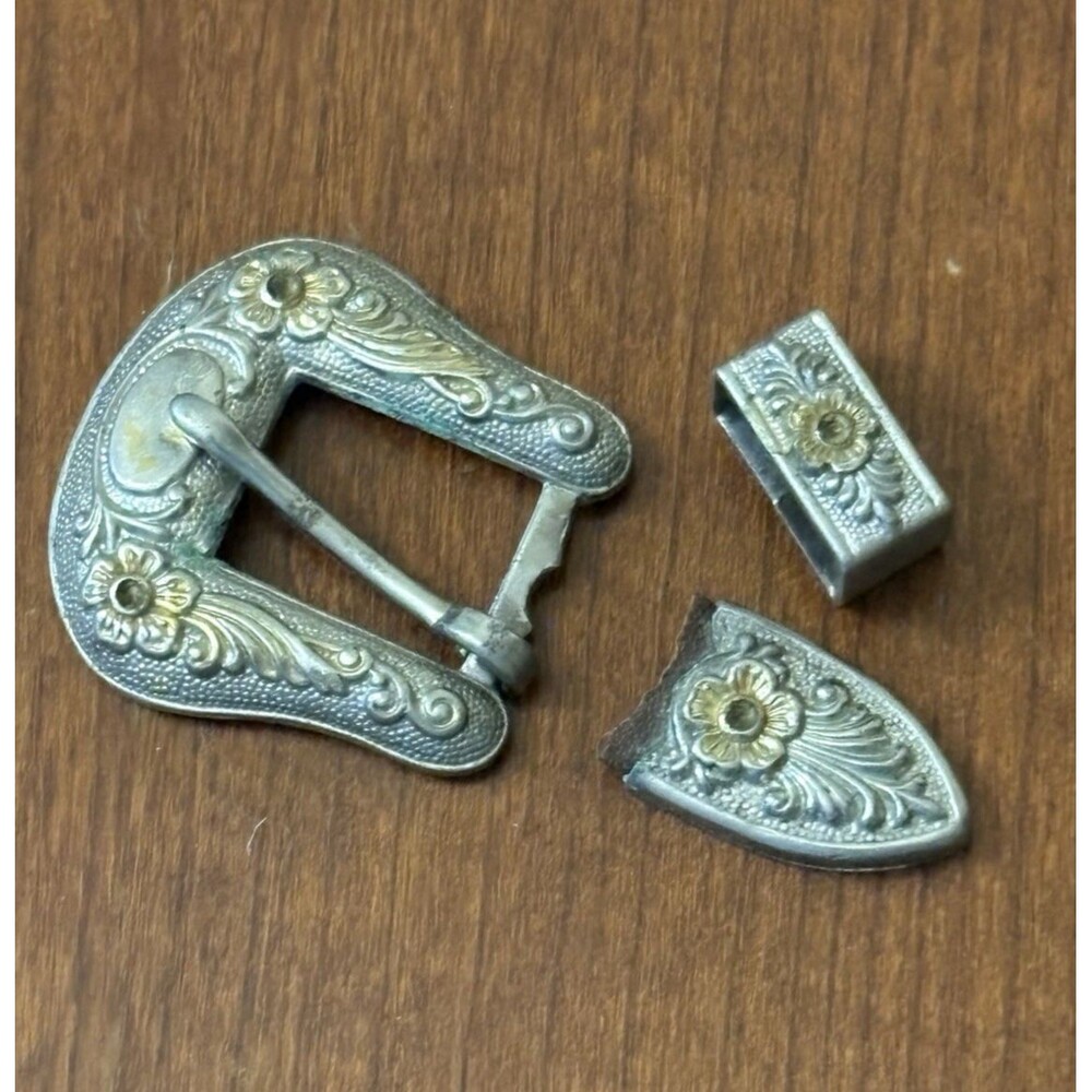 Vintage 3 PC Southwestern Silver & Gold Belt Buckle Hardware Set Unknown Mark